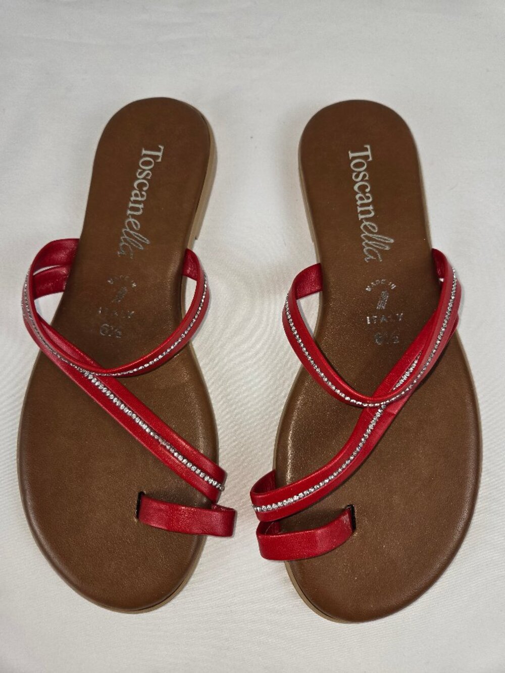 Toscanella Size 6-1/2 Red Strappy Sandals Crystal Accents Rubber Sole Italy NWOT